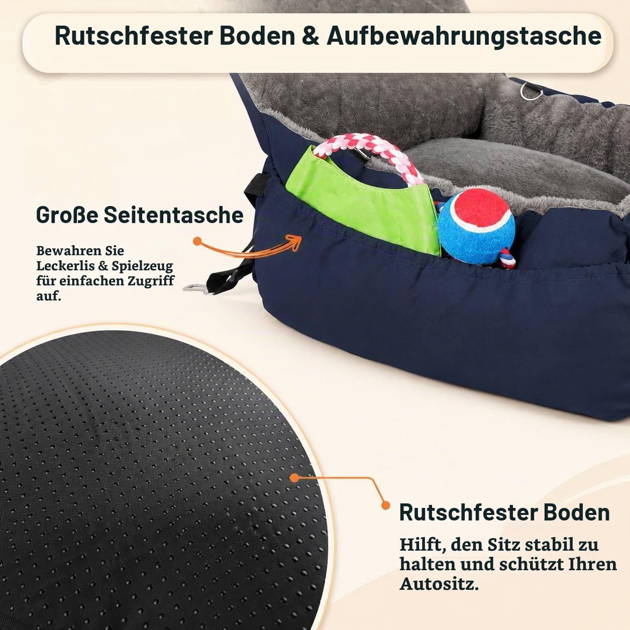 Hunde Autositz für Kleine Hunde, Hundesitz Auto mit rutschfeste Unterseite, Aufbewahrungstasche und Anschnallgurt, geeignet für Rück- und Vordersitz (Blau)