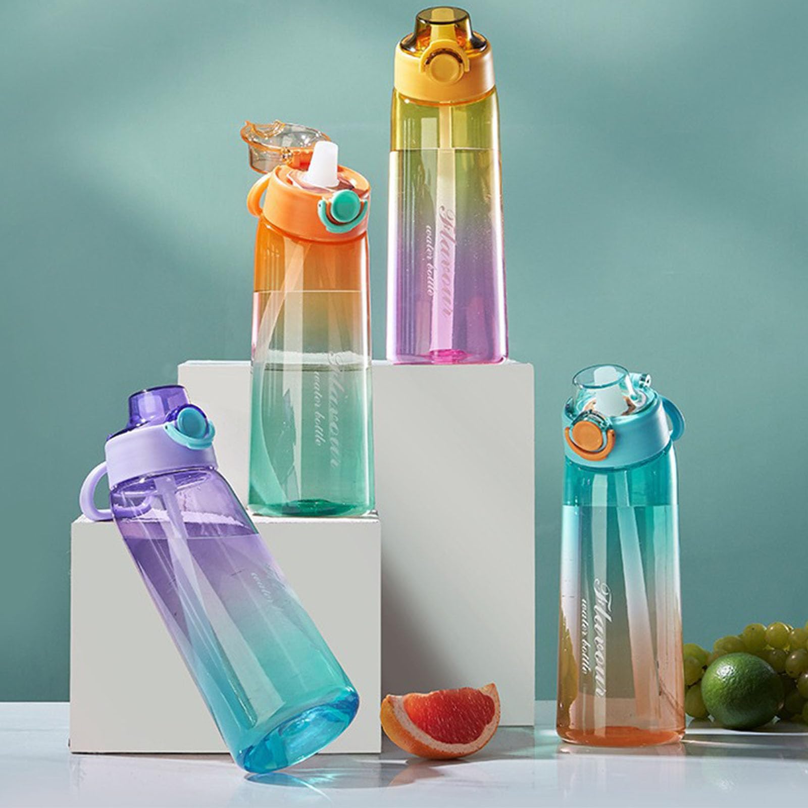 Botella con sabor, botella de agua de 900 ml, sin BPA, Tritán, botella con 7 cápsulas de sabor, ideal para correr y gimnasio al aire libre (azul, con 7 cápsulas)