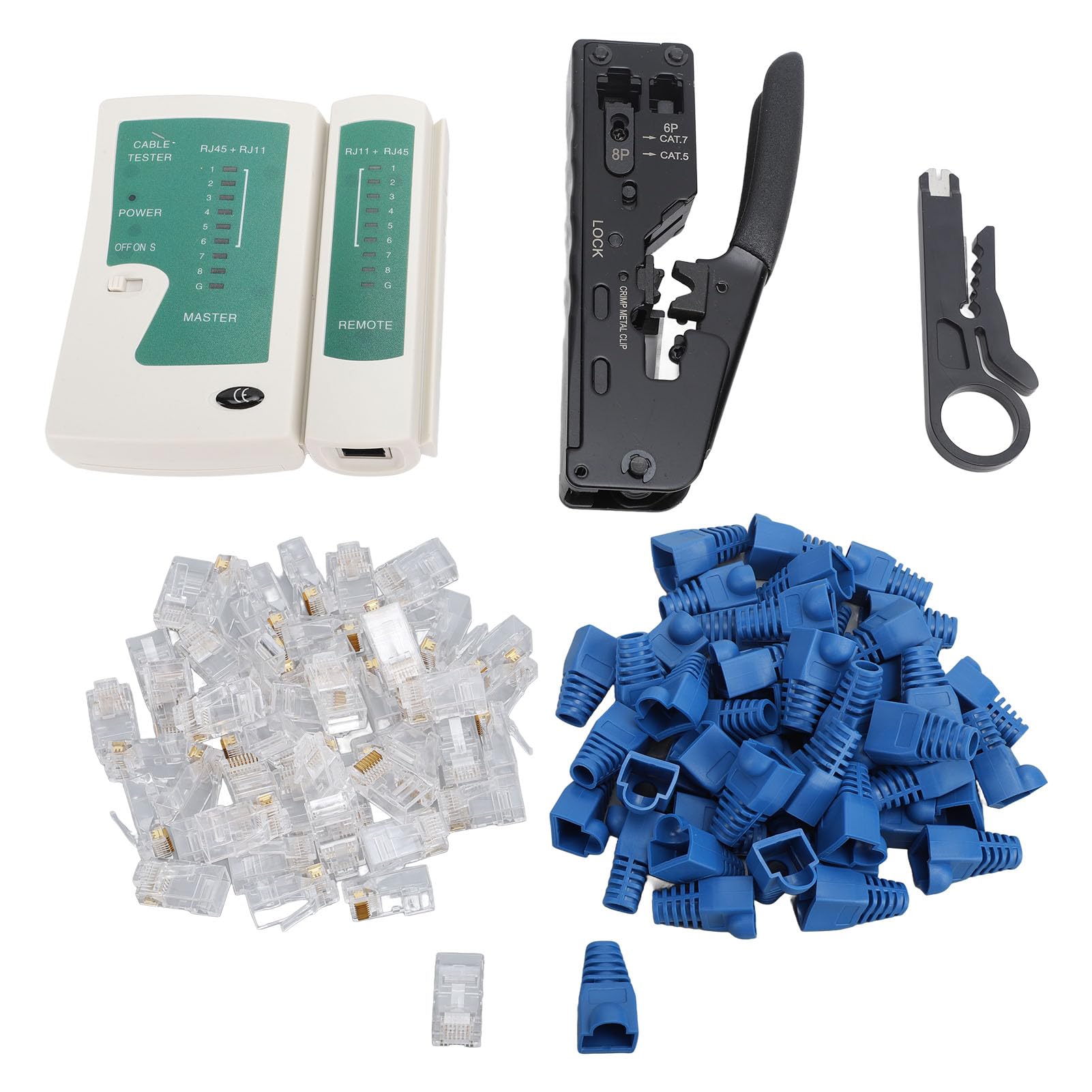 RJ45 Crimpatrice con Pass, Through Design, Crimpatrice Ethernet per Cat5, Cat5e, Cat6 con tester per cavi di rete e spelafili