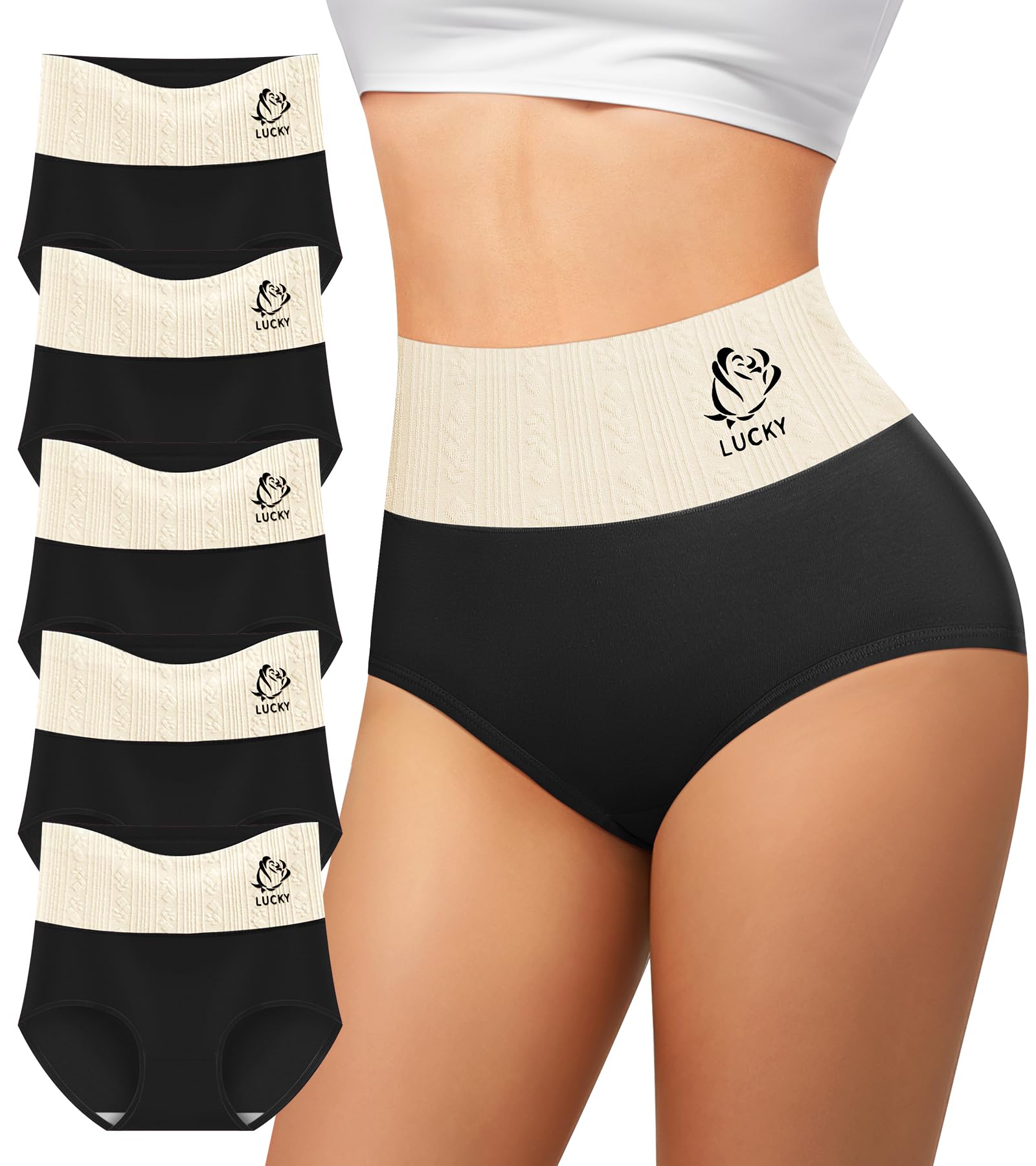 MIOTAN Damen-Unterwäsche, Baumwolle Unterhosen Frauen, 5er Pack, Bauch Weg, Hohe Taille, Taillenslip, High Waist Slip, Schwarz, S
