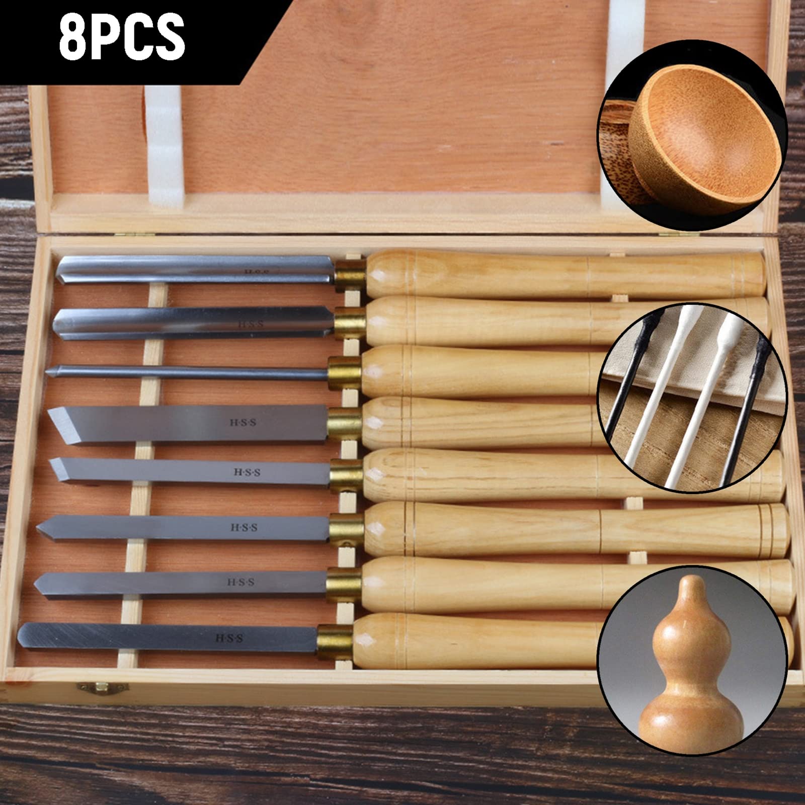 HURRICANE Set 8 Scalpelli Per Tornio Legno HSS – Lame M2 Con Manici In Legno Duro E Custodia In Legno Per Tornitura Professionale E Hobby