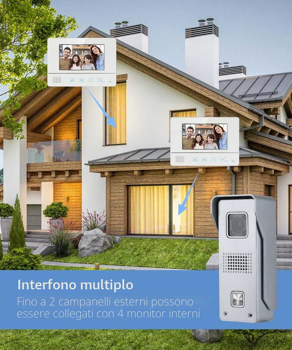 Videocitofono Cablato Monitor a Colori da 7", Citofono Smart con Videocamera Campanello Cablato Visione Notturna IR Domestico Citofono