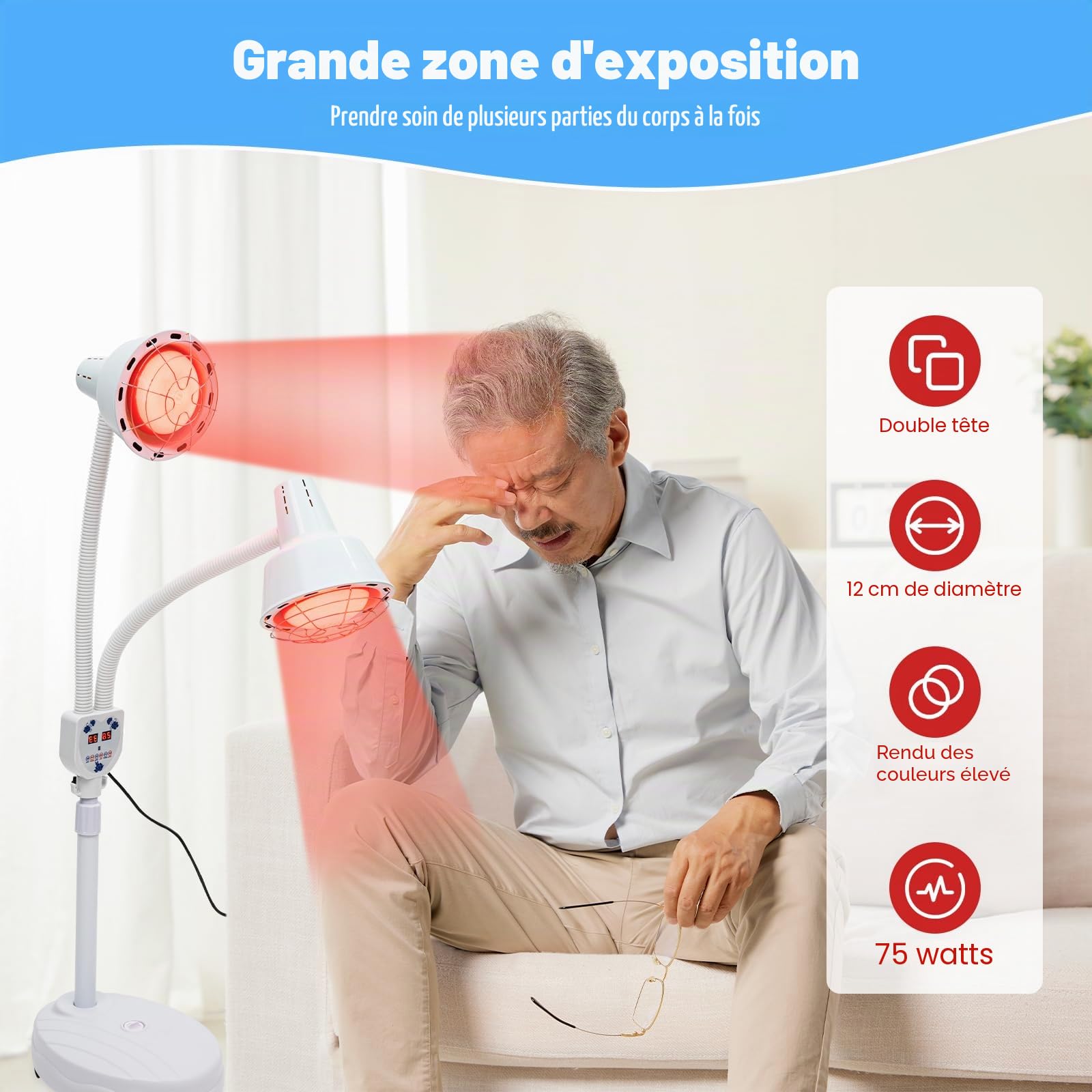 Lampe infrarouge 275 W pour thérapie infrarouge - Lampe chauffante avec télécommande et roulettes - Double tête - Lumière rouge 0-115 °C - Rotation à 360°
