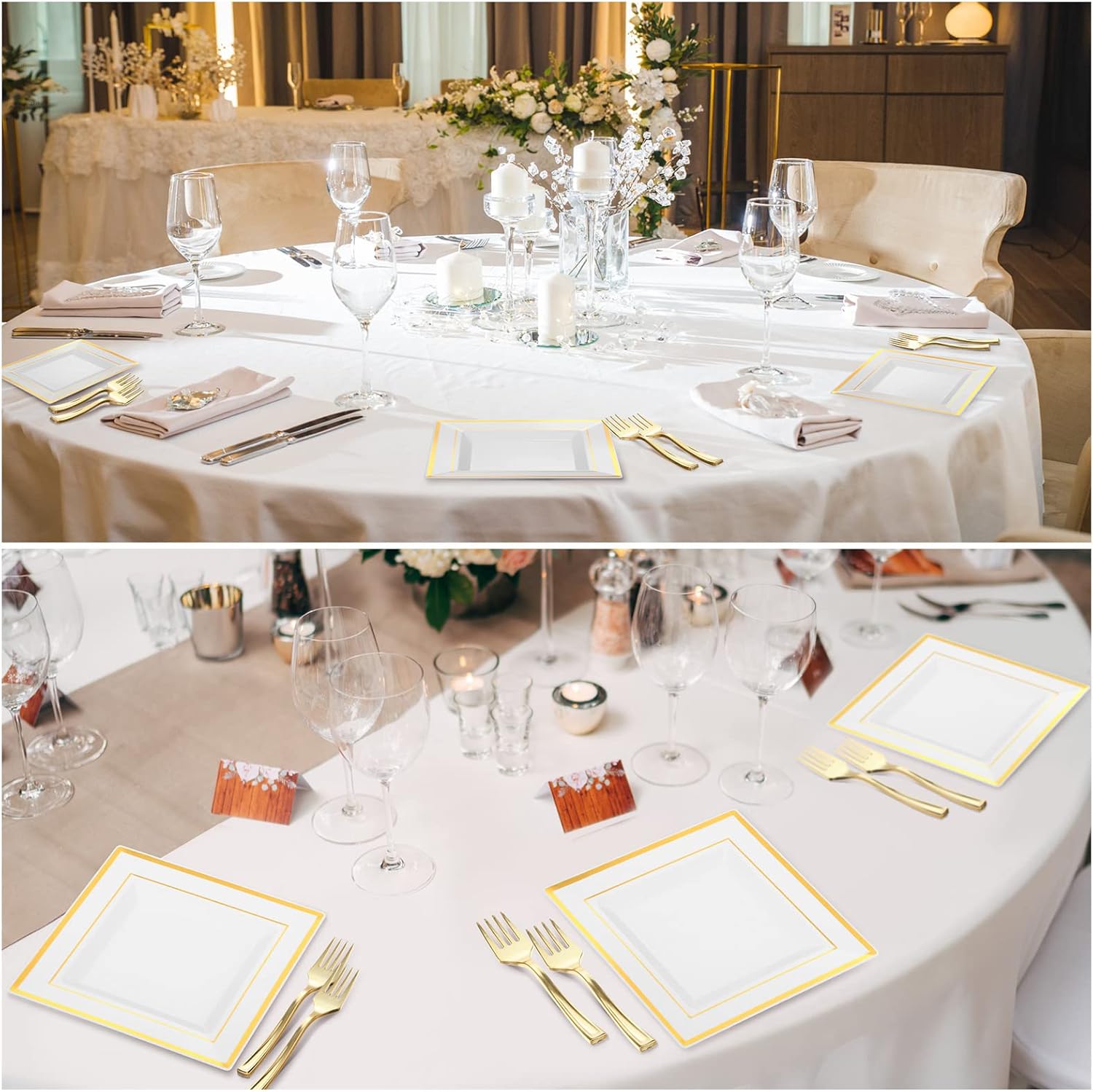 300 Pcs Square Plastic Plates with Forks Set Include 150 Disposable 6.5 Inch Dessert Plates Heavy Duty and 150 Plastic Appetizer Forks for 150 Guests Weddings Party Supplies(Gold) - Image 7