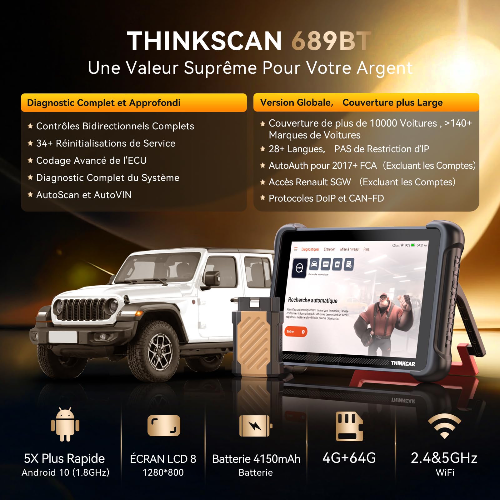 thinkcar Outil D'analyse Bidirectionnel sans Fil, Outil de Diagnostic Automobile Tous Systèmes THINKSCAN 689BT, Scanner OBD2 Bidirectionnel avec Codage ECU, 34 Services (THINKSCAN 689BT)