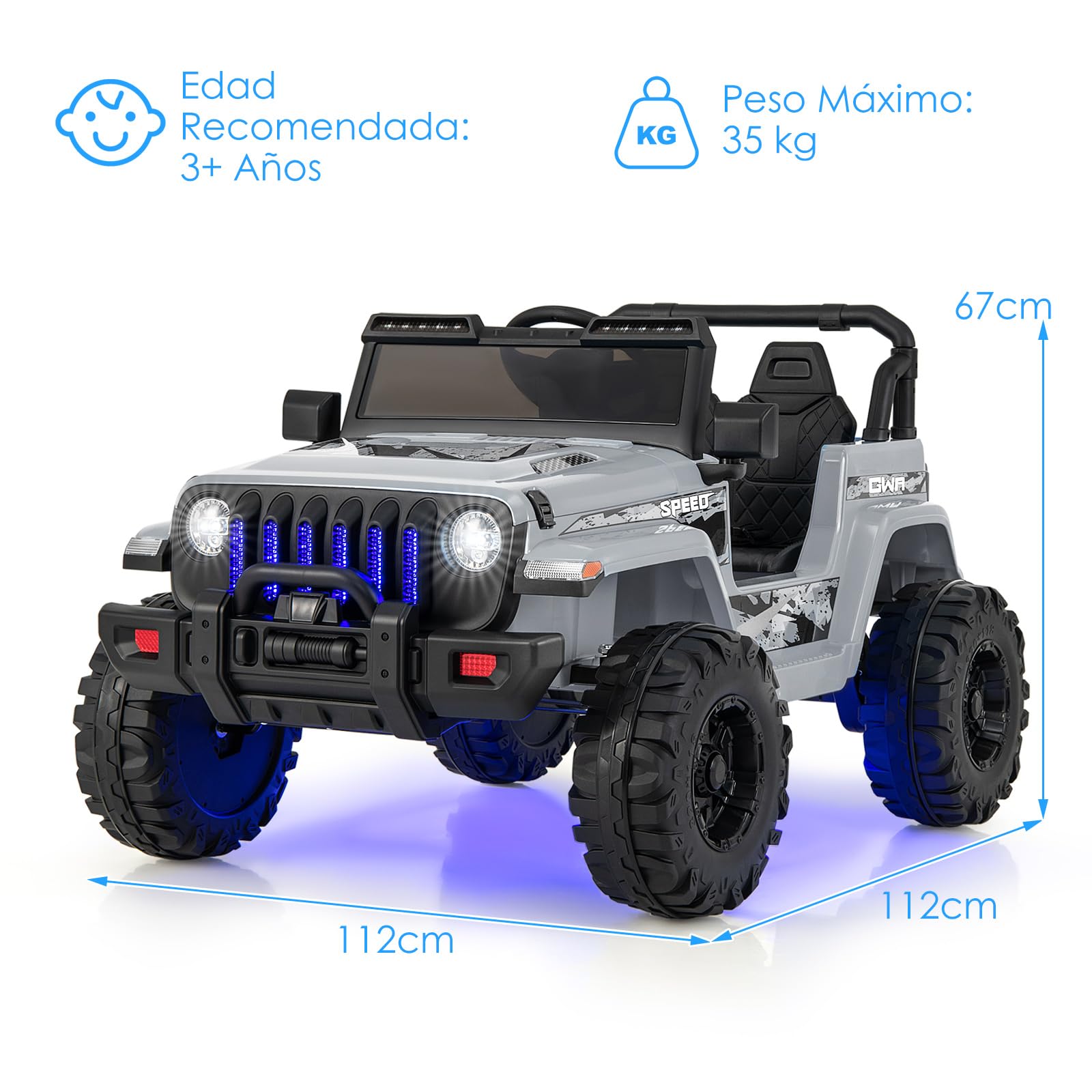COSTWAY Coche Eléctrico para Niños 12V, Vehículo Todoterreno con Velocidad Ajustable, Vehículo Eléctrico de Juguete de 2 Plazas con Control Remoto 2,4G, Música, Puerto USB, Bluetooth, Luces (Gris)