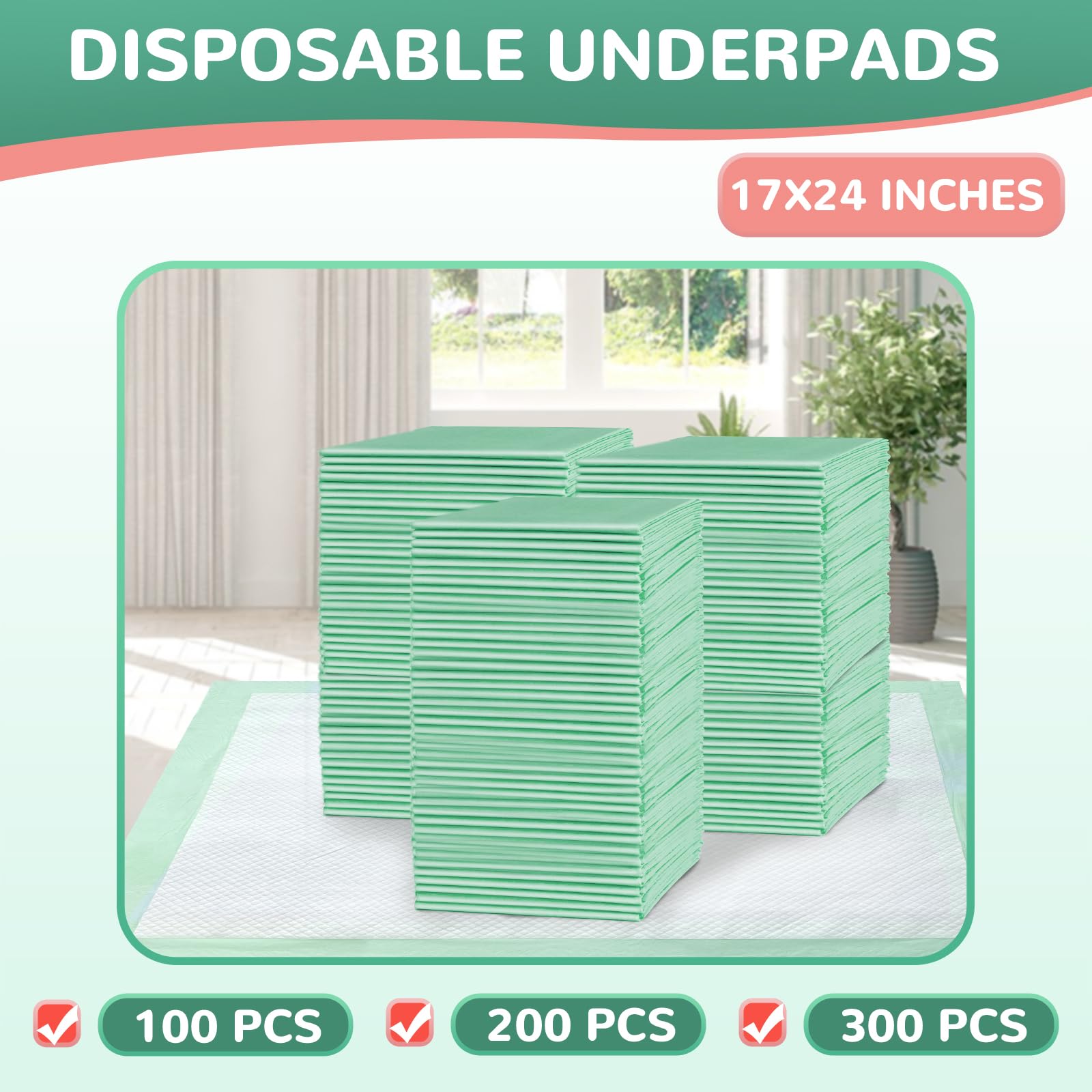 MILDPLUS Disposable Underpads 17"×24"(300 pcs) Light Absorbent Bed Pads Small Chucks Pads for Kids, Puppy, Cat and Tioilet