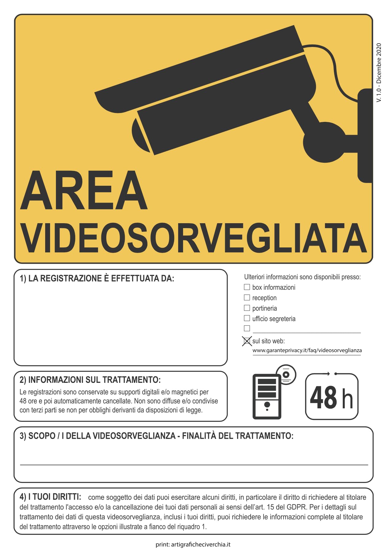 Cartelli Area Videosorvegliata - Set 6 Pezzi 20x30cm PVC | Conforme GDPR 2020