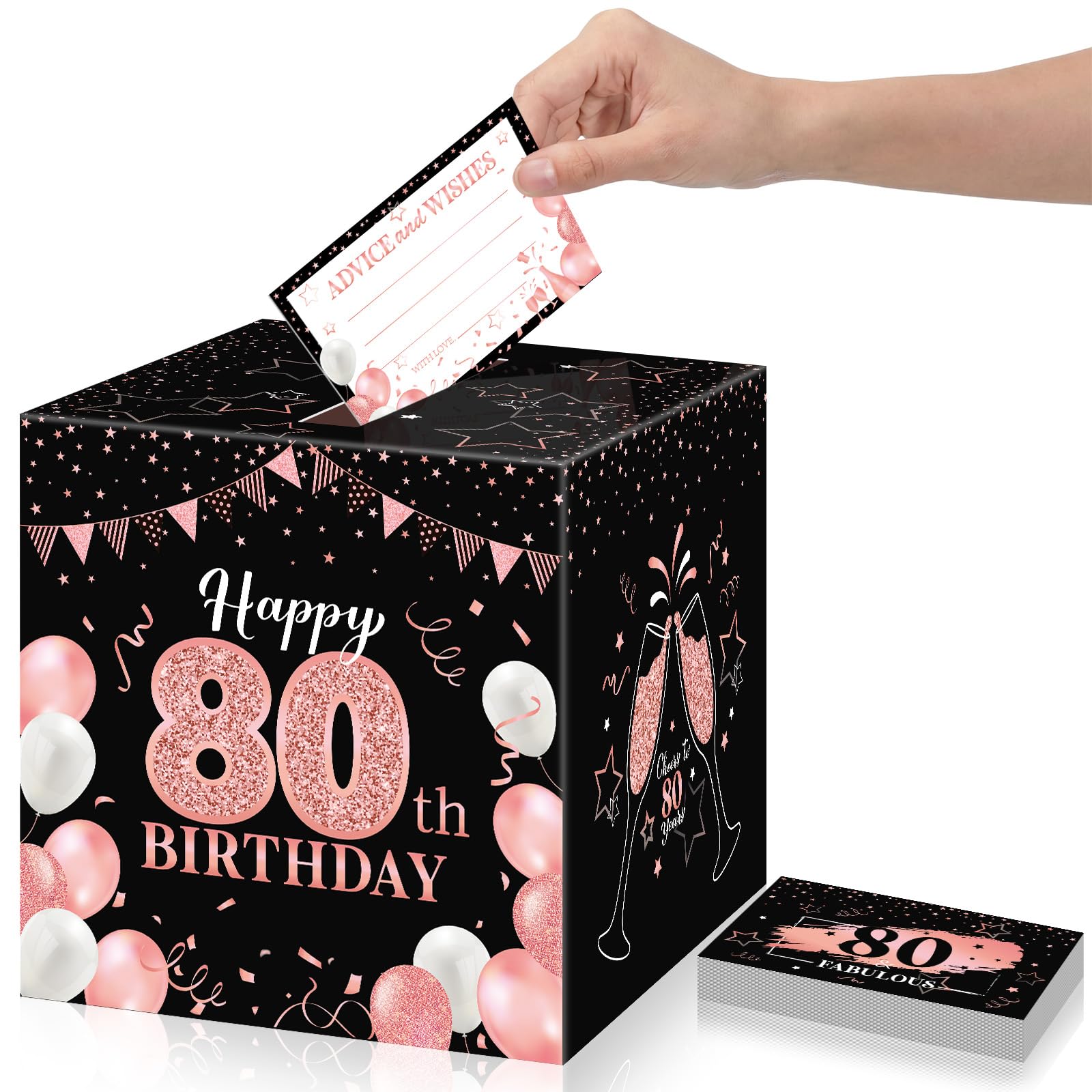 Funrous 80th Birthday Party Message Card Box Cheers to 80 Years Black Rose Gold Advice and Wishes Greeting Card Memory Box for Women Birthday Decorations Party Supplies Anniversary Tables Sign Decor