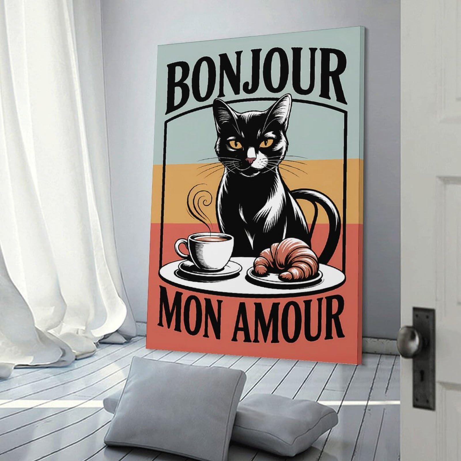 Junmoney Bonjour Mon Amour Black Cat Coffee Wall Picture Print, 08x12inch(20x30cm), for Art Walls, Layered Displays Or Homes, Home Wall Art for Statement Displays