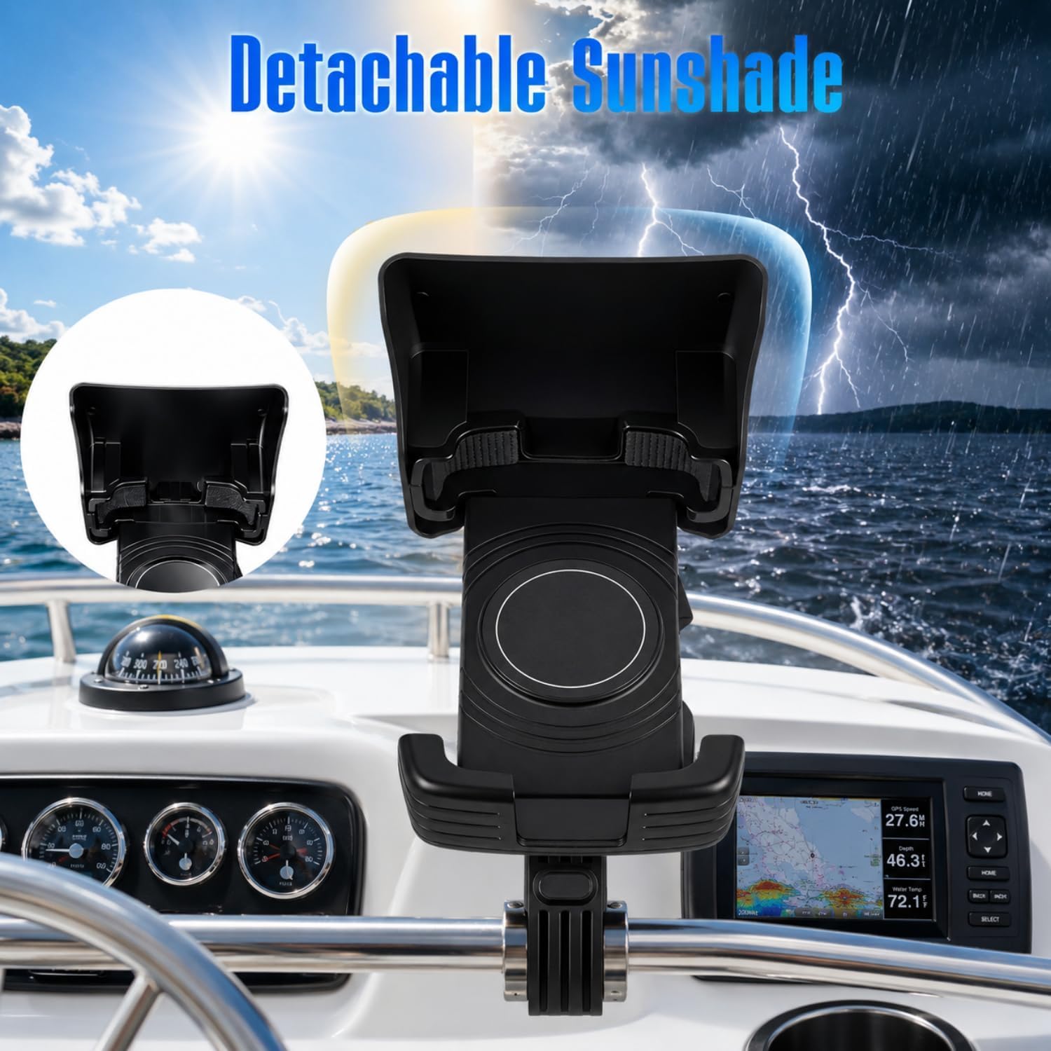Tellegloww 1 supporto per telefono da barca, supporto per telefono cellulare con parasole, nero regolabile a 360 gradi, morsetto a granchio, accessorio per smartphone, per barca, auto, ciclismo
