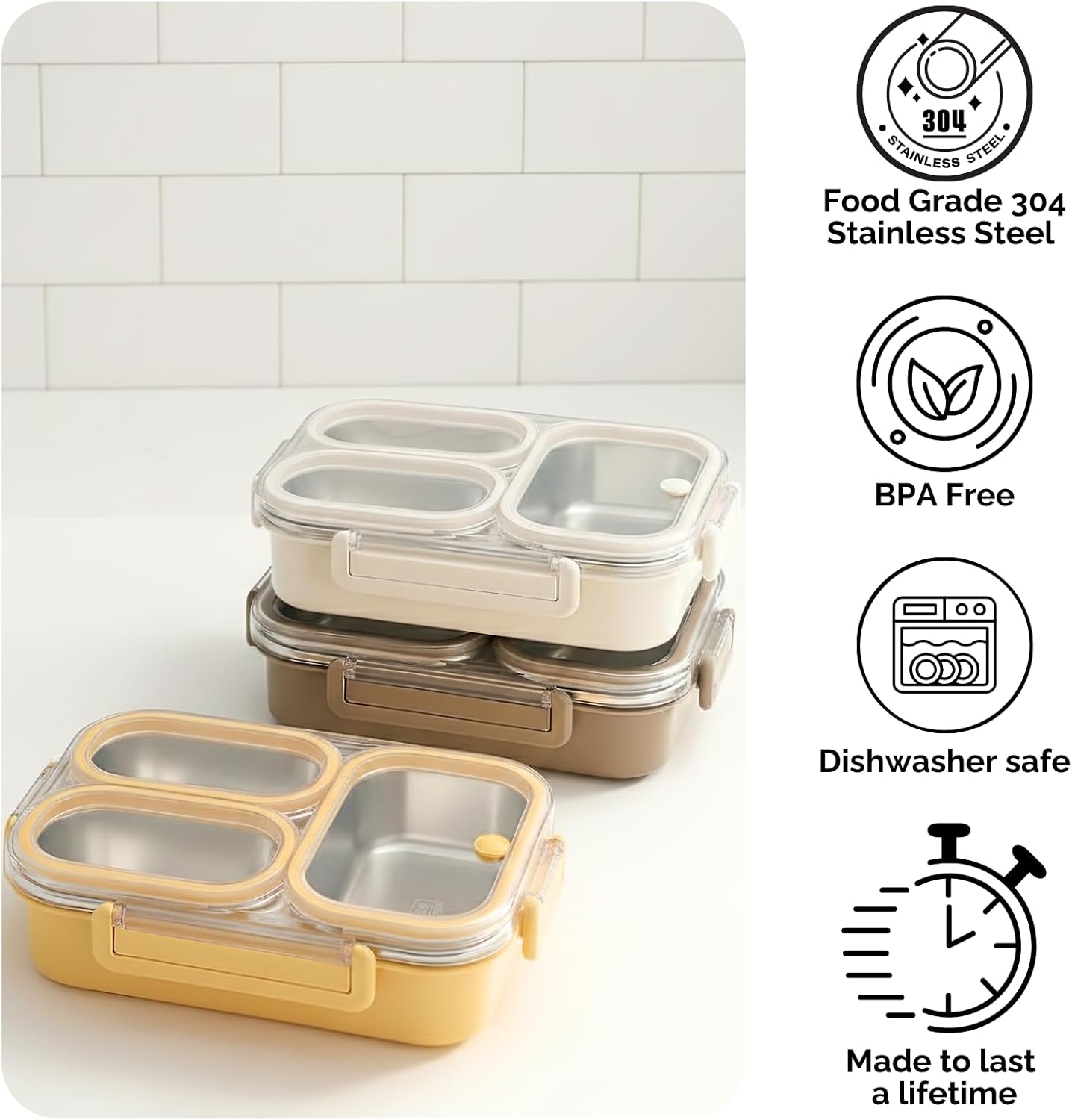 304 Stainless Steel Lunch Box for Adults & Kids, 25oz Leakproof Metal Bento Box with 3 Compartments, BPA-Free, Reusable & Dishwasher Safe Food Container for School,Office,Picnic,Travel(Yellow) - Image 4