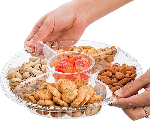 Miniatura 3 de Lyellfe Paquete de 30 bandejas de plástico para aperitivos con tapa, bandeja desechable de frutas vegetales con 5 compartimentos, bandeja redonda