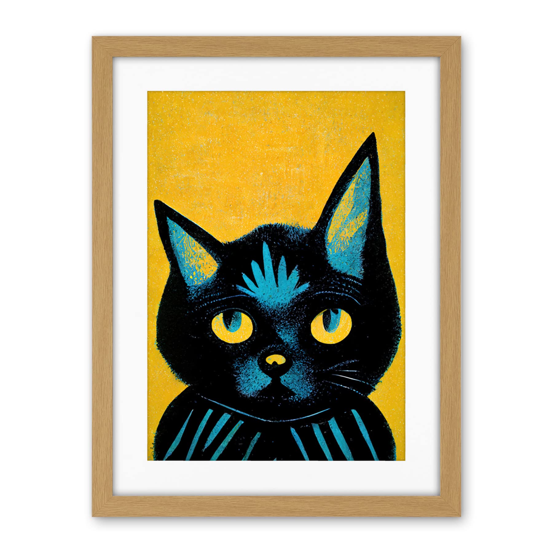 Wee Blue Coo Quirky Bold Black Cat Yellow Blue Artwork Framed Wall Art Print 18X24 Inch