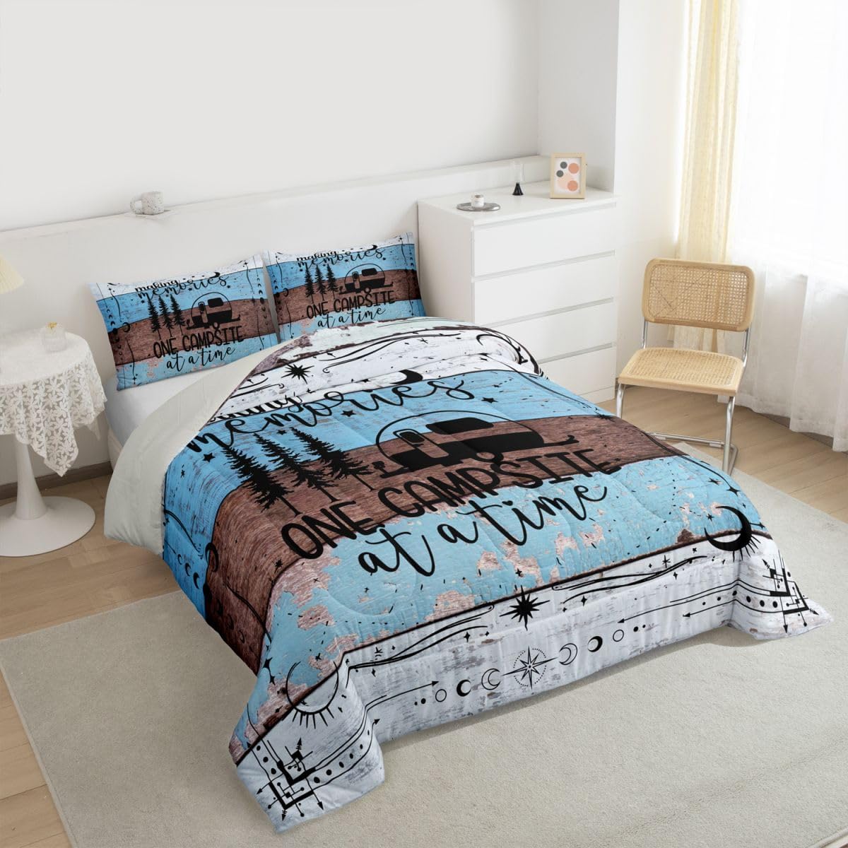 Erosebridal Happy Camping Comforters Set Queen Size, Rv Camper Quilt for Kids Teens Adult Bedroom, Rustic Farmhouse Bedding Set Vintage Old Barn Door Quilted Duvet 3 Pieces with 2 Pillow Cases