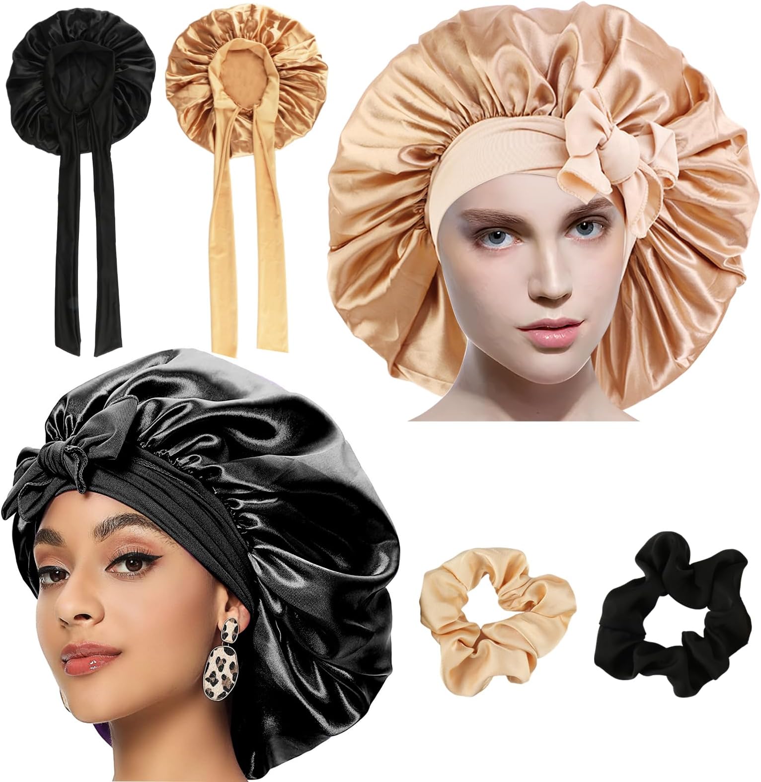 Pack of 2 Silk Bonnet for Sleeping, Bonnet with 2 Hair Elastics, Silk Sleep Cap, Adjustable Sleep Cap, Silk, Wide Satin Hair Cap for Women and Girls