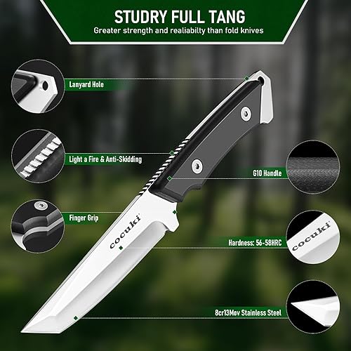 Miniatura 2 de CoCuKi Cuchillo de hoja fija, cuchillo de procesamiento de campo de espiga completa de 9.8 pulgadas, mango G10, funda de cuero incluida, para