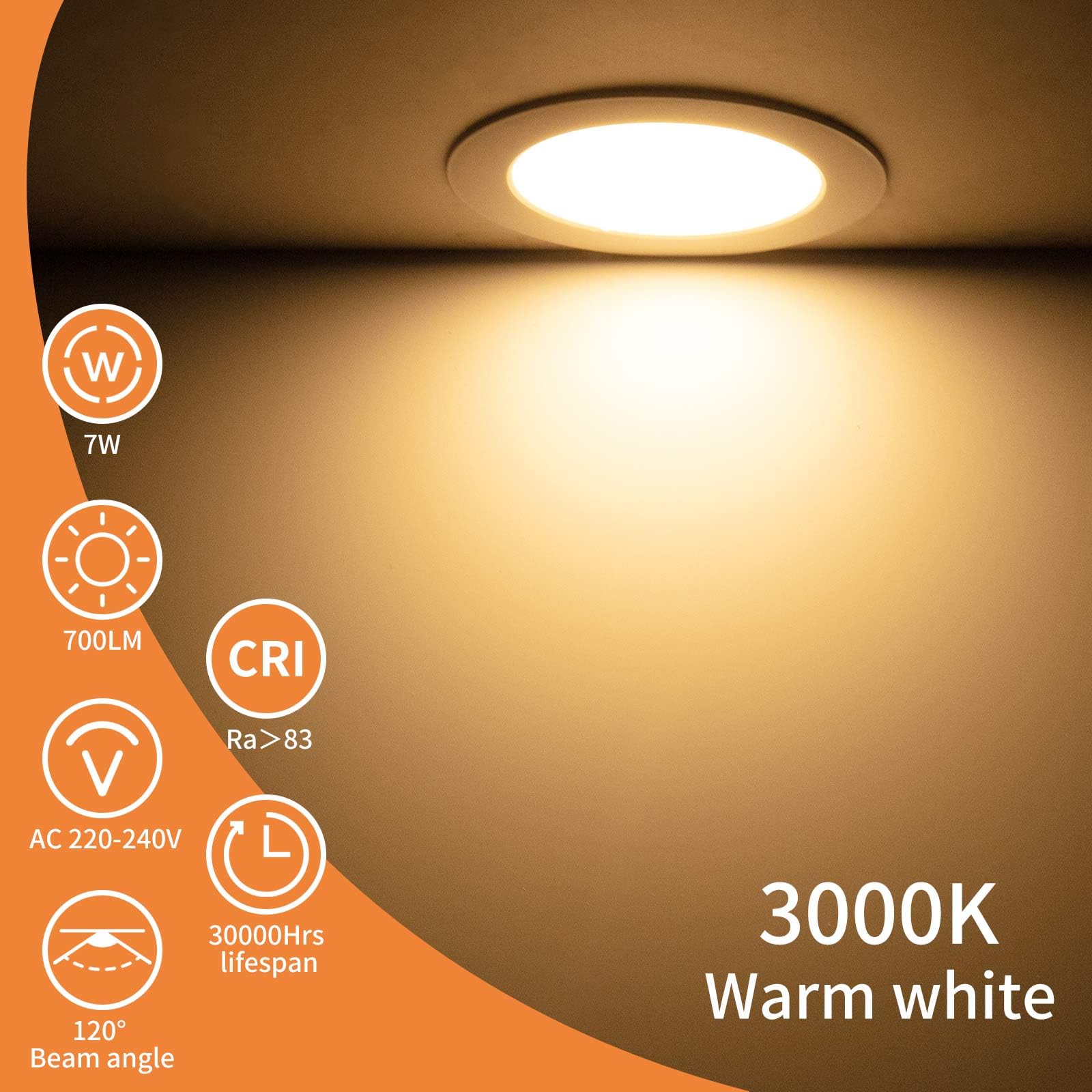 Tomosu LED Einbaustrahler 230V Flach, LED Spot 7W 700LM, IP44 Einbauleuchten für das Bad, Warmweiß 3000K, Ø95-105mm Lochdurchmesser, Deckenspots für Wohnzimmer Küche Schlafzimmer, 20er Set