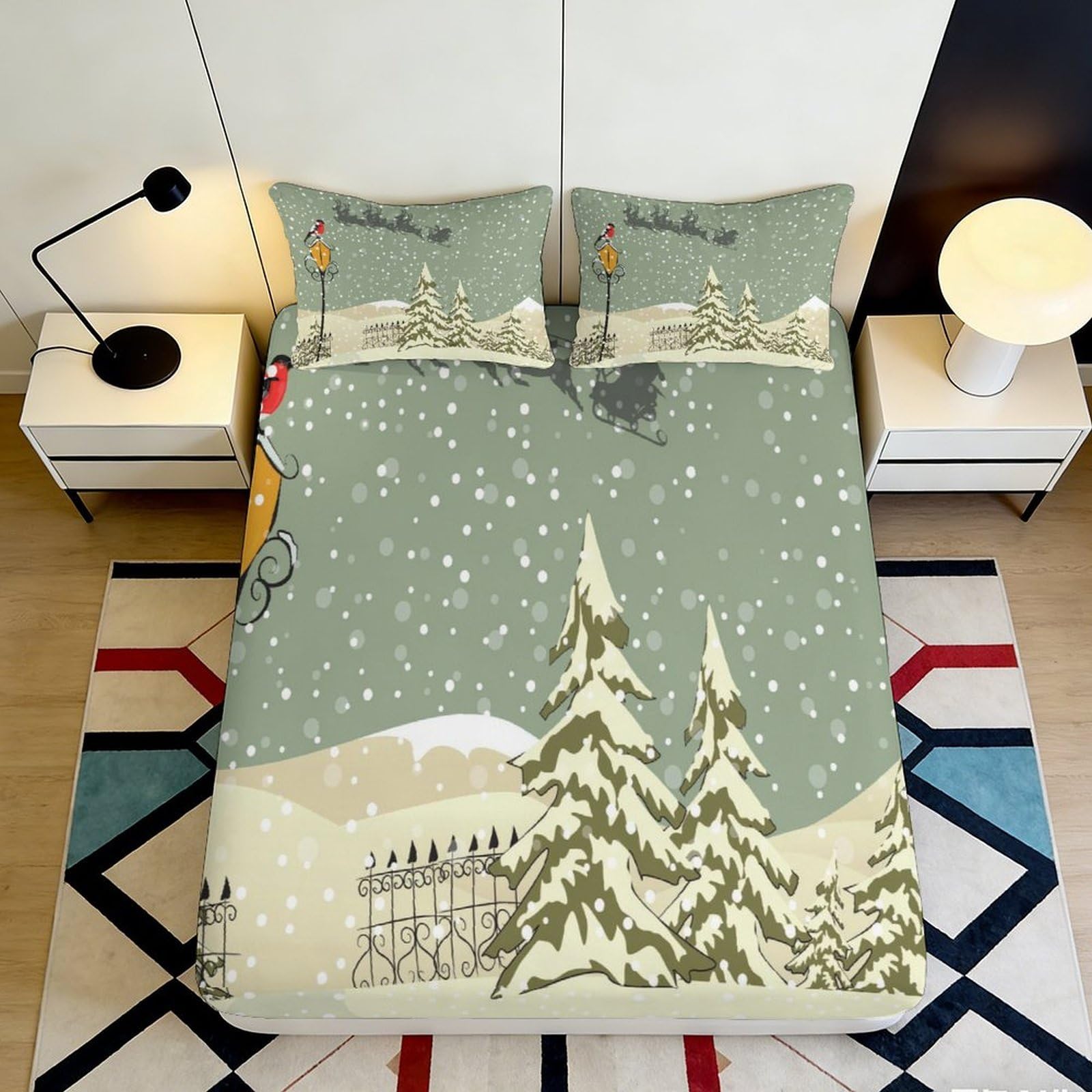 3D Printed Snowy Forest Fitted Sheet Microfiber Soft Anti-Slip Reindeer Mattress Cover for Bedroom Guest Room Decor 90x200x25cm