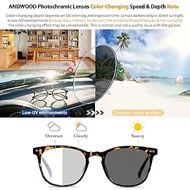 ANDWOOD Photochromic Sunglasses for Women Men UV Protection Blue Light Blocking Glasses Computer Filter Bluelight Blocker Anti Blue Ray