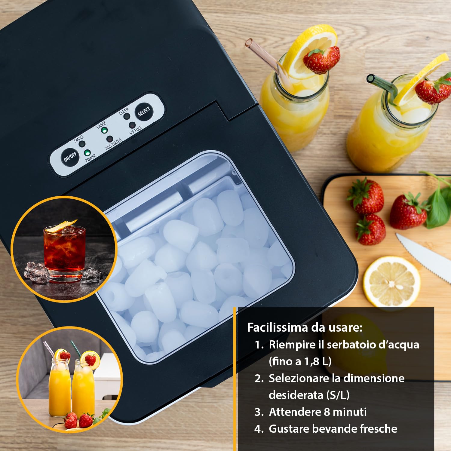 TZS First Austria - Macchina del Ghiaccio 1,8L - 150W con Compressore - 9 Cubetti di Ghiaccio pronto in 7-9 Minuti - 2 Dimensioni (S/L) - 12 kg/giorno - Produttore di Ghiaccio Portatile - Nero