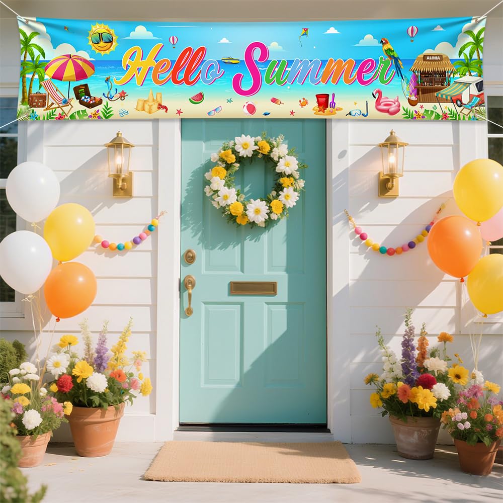 AIBIIN Hello Summer Banner Party Decorations Large Yard Sign Background Hawaiian Beach Banner for Summer Party Decorations Supplies Party Indoor