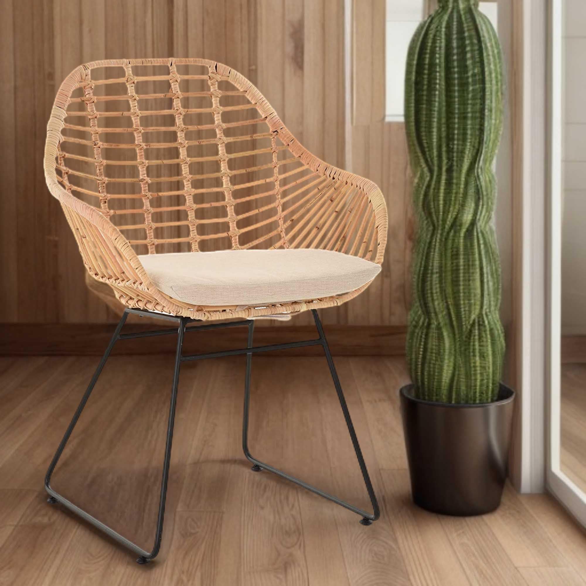 Wiszący fotel w stylu retro, rattanowy fotel klubowy, stelaż z żelaza, z podłokietnikami (naturalny z poduszkami)