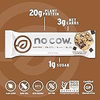 Vista 5 de No Cow Barras de proteínas, masa de galletas con chispas de chocolate, 0.74 oz de proteína vegana a base de plantas, aptas para ceto, bajas