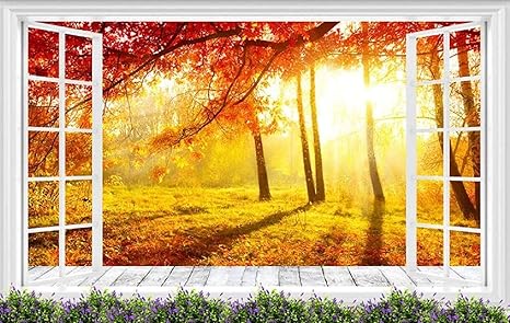 Amazon カスタム3d写真の壁紙 秋の森の風景窓辺 壁紙リビングルーム寝室家の装飾3d不織布壁紙 0x140cm 壁紙