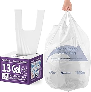 Small Trash Bags with Handles 13 Gallon 80 Count White - Ocean Plastic Upcycling - Plastic Garbage Bags, Can Bin & Waste Basket Liner for Kitchen, Bathroom, Office and Pets