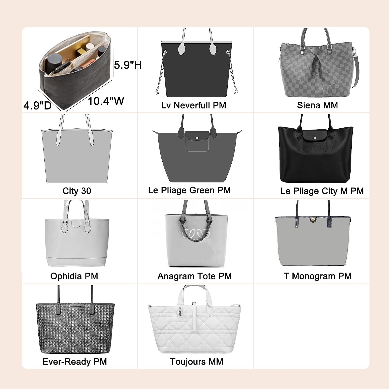 Doxo Purse Organizer Insert, Tote Bag Insert for LV Neverfull PM, C.oach City 30 and More, Ultra Lightweight Bag Organizer Insert with Zipper (Medium,Black-beige)
