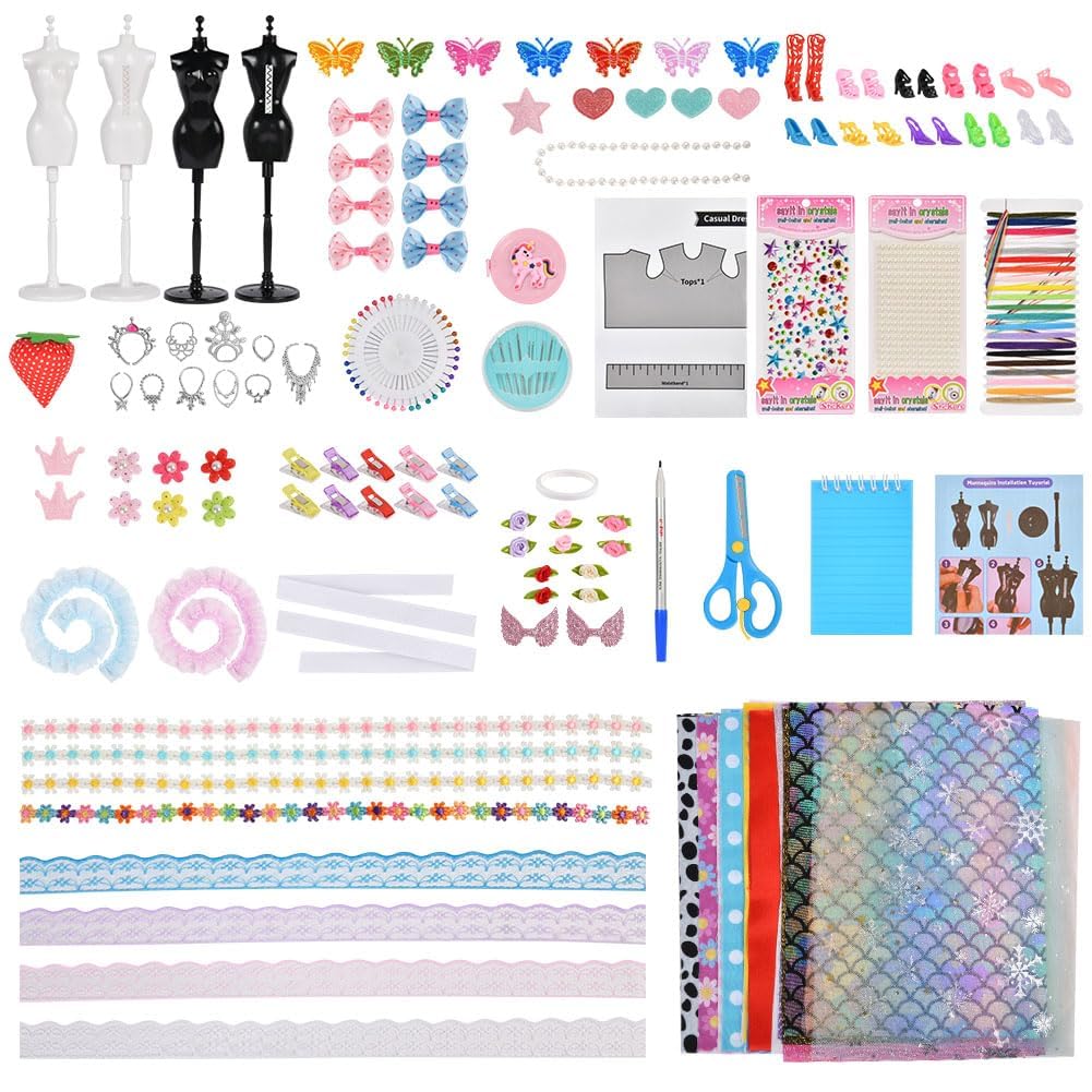 Aomig Modedesign Mädchen, Fashion Designer Studio Bastelset Kinder, DIY Kunst und Bastelset Nähsets Lernspielzeug mit 4 Mannequins, 600PC+ DIY Sewing Crafts Geschenke Mädchen 6-12+ Jahre