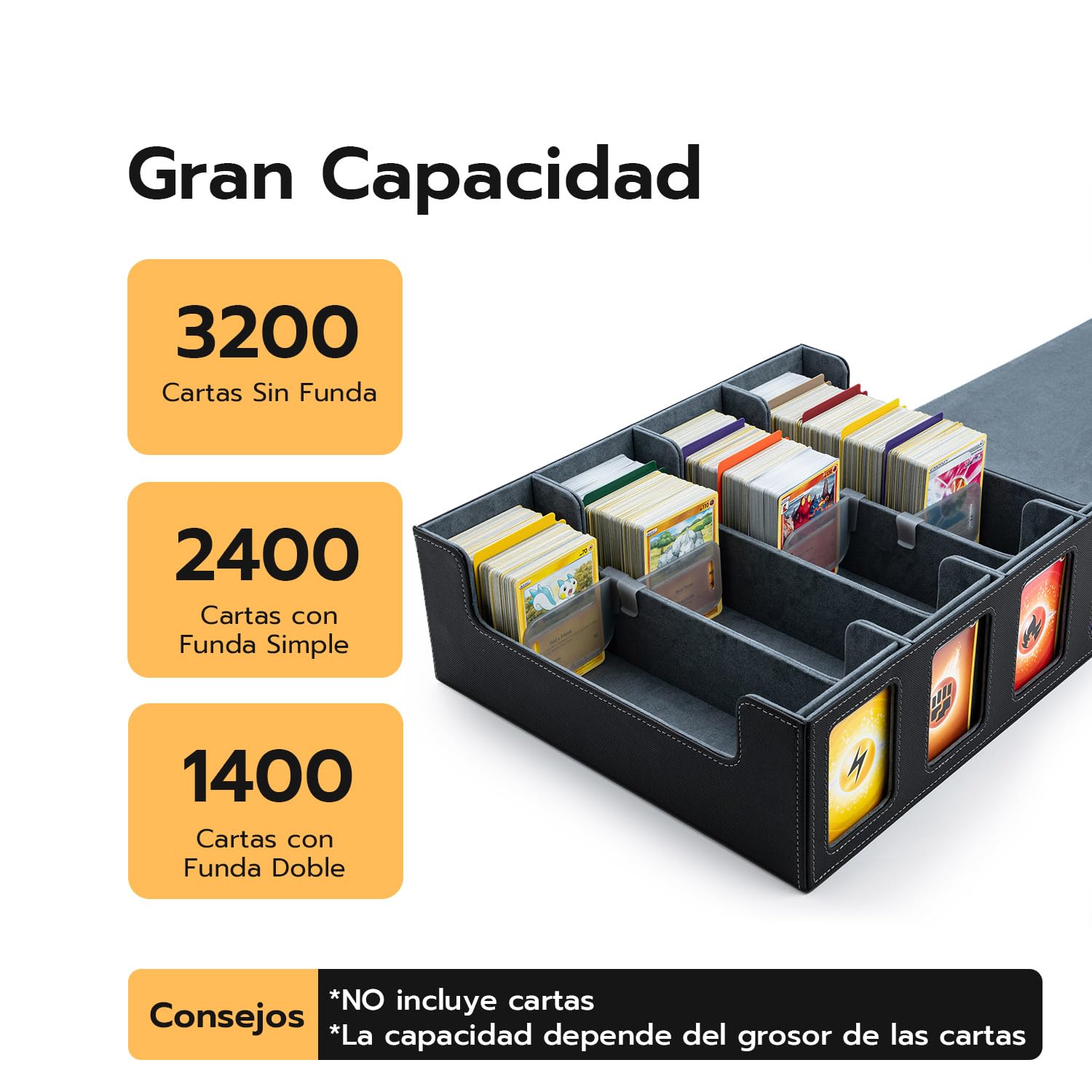 Caja de Cartas para MTG, 4 filas Deck Box para más de 3200 tarjetas, caja de solapa magnética con cuero PU para tarjetas Magic Commander TCG con 12 separadores multicolores y 8 clips Negro