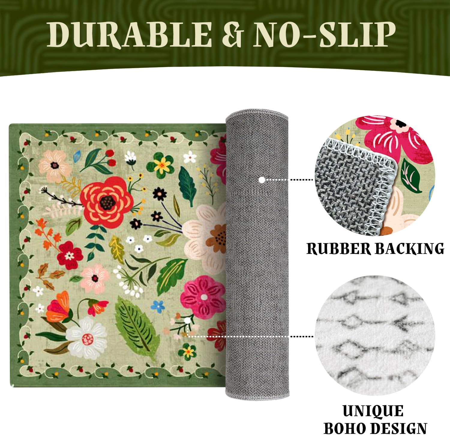 Kitchen Rugs and Mats Non Skid Washable Set of 2,Boho Floral Modern Farmhouse Bohemian Kitchen Runner Rugs with Rubber Backing for Kitchen Decor and Accessories (Green 17"x47"+17"x30")