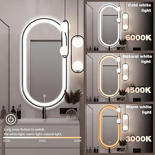 Miniatura 17 de Espejo de baño LED ovalado de 32 x 20 pulgadas con luces, espejo de tocador negro con luz antiniebla montado en la pared, espejo ovalado LED