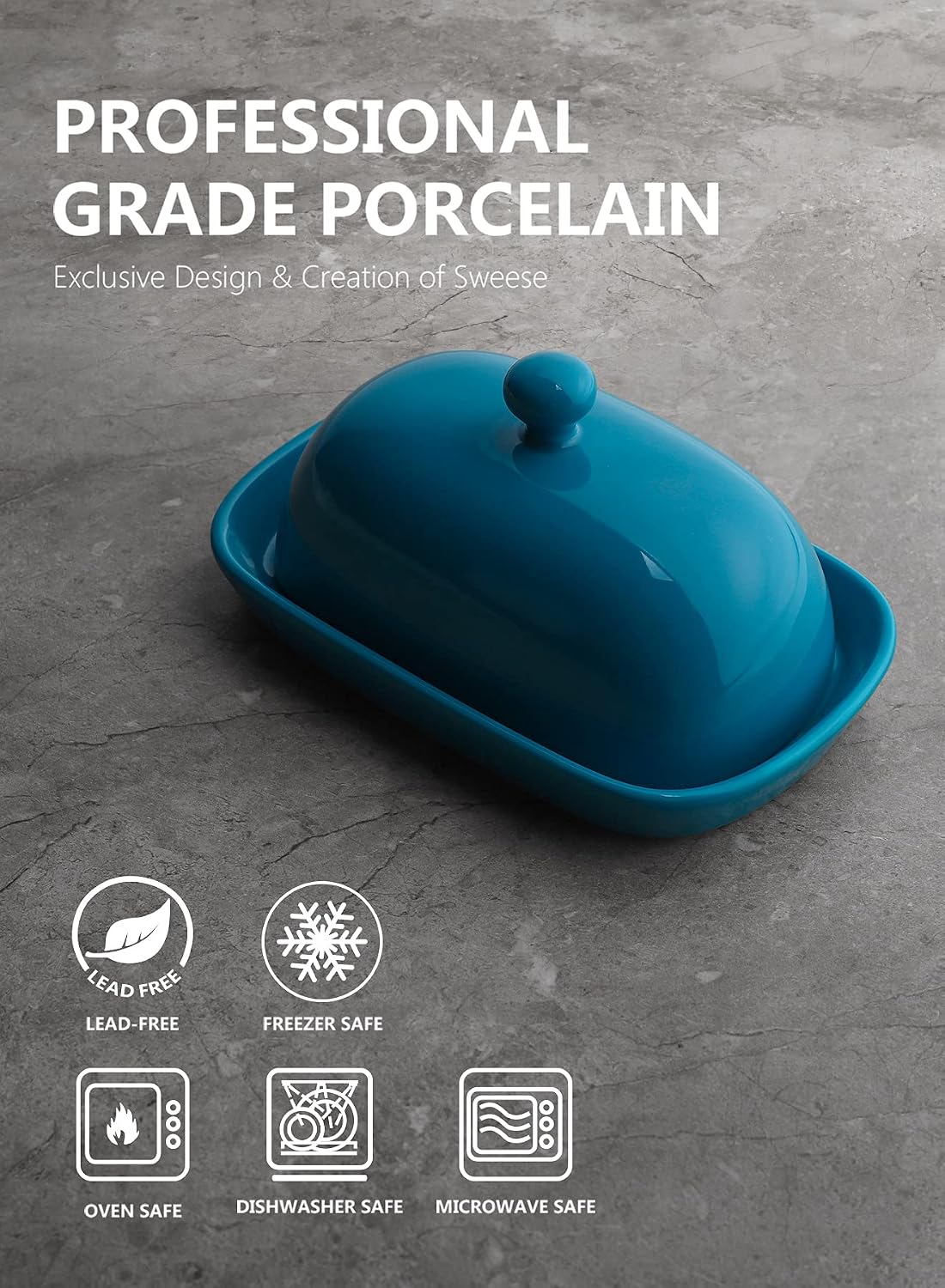 Sweese 306.107 Porcelain Cute Butter Dish with Lid, Perfect for East / West Butter, Steel Blue