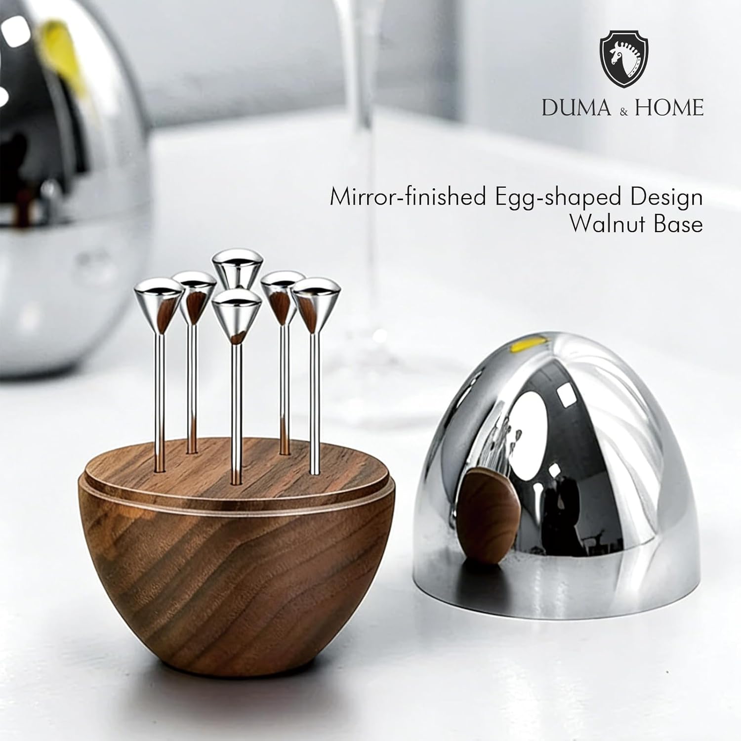 Egg-Shaped Fruit Fork Set – Stainless Steel Dessert Forks with Teak Wood Base, Appetizer Fork Holder for Cheese Board, Party Serving, Rustproof & Elegant