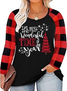 Plus Size Merry Christmas Shirts Women Xmas Buffalo Plaid Tree Shirt Long Oversized Graphic Tees Xmas Tops