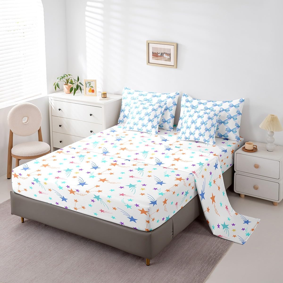 Manfei Blue Bowknot 7 Pieces Bedding Set Full,Princess Style Dreamy Bow-tie Blue White Bed in a Bag for Young,Watercolor Bow Grids Lines Patchwork Comforter Set with Sheets,Pillow Covers