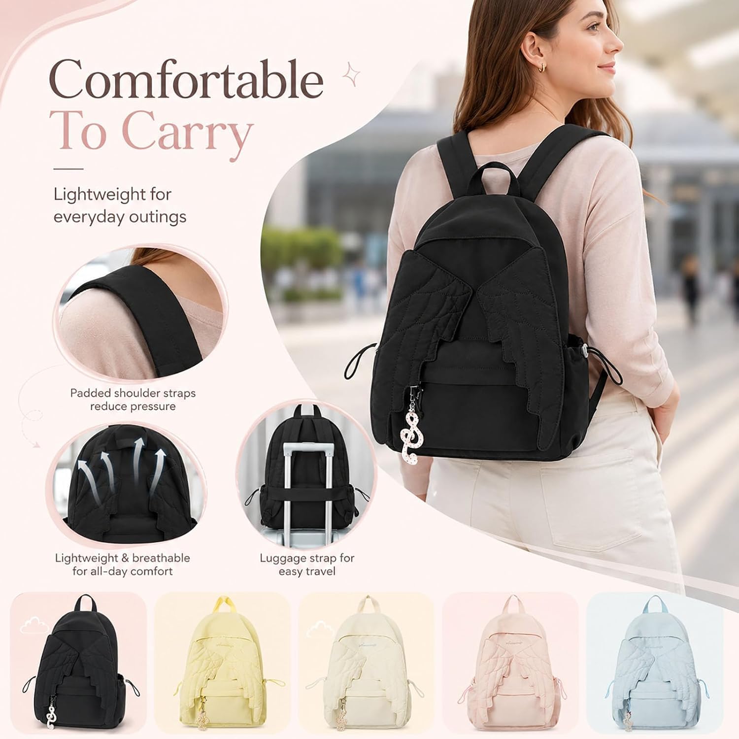 Generisch Rucksack Damen, Schulrucksack Teenager Mädchen, Ergonomischer, Bequemer Schultergurt, Flügeldekoration, Praktischer Nylon Tagesrucksack für den Täglichen Gebrauch (Blau)