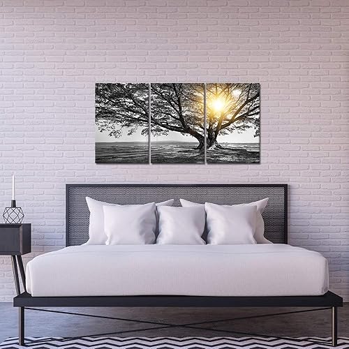 Miniatura 3 de Biuteawal Arte de pared de 3 piezas de árbol blanco y negro al amanecer cálido paisaje fotográfico, impresiones en lienzo de árbol de la vida,
