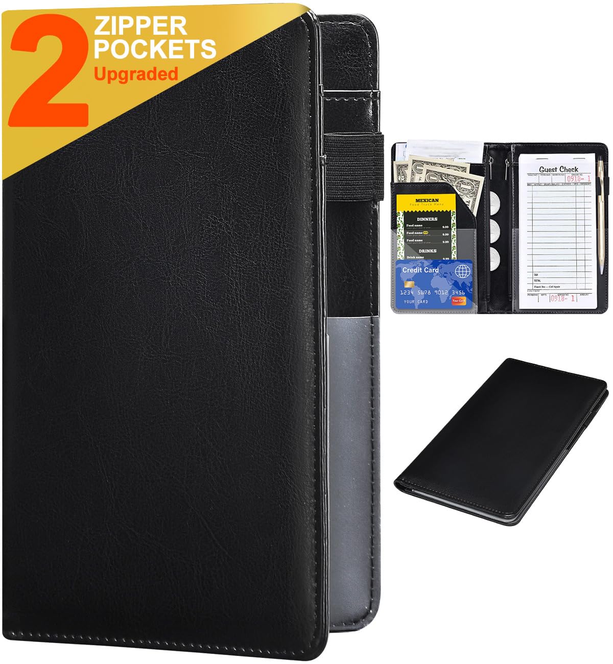 Server Books for Waitress - Leather Waiter Book Server Wallet with Zipper Pocket, Cute Waitstaff Organizer with Money Pocket Fit Waitress Apron（Classic Black）