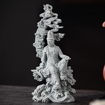 Water Moon Guanyin Zen Sculpture Stone-Style Avalokiteshvara Statue Meditation Decor Tea Pet Buddhist Home Desktop Ornament
