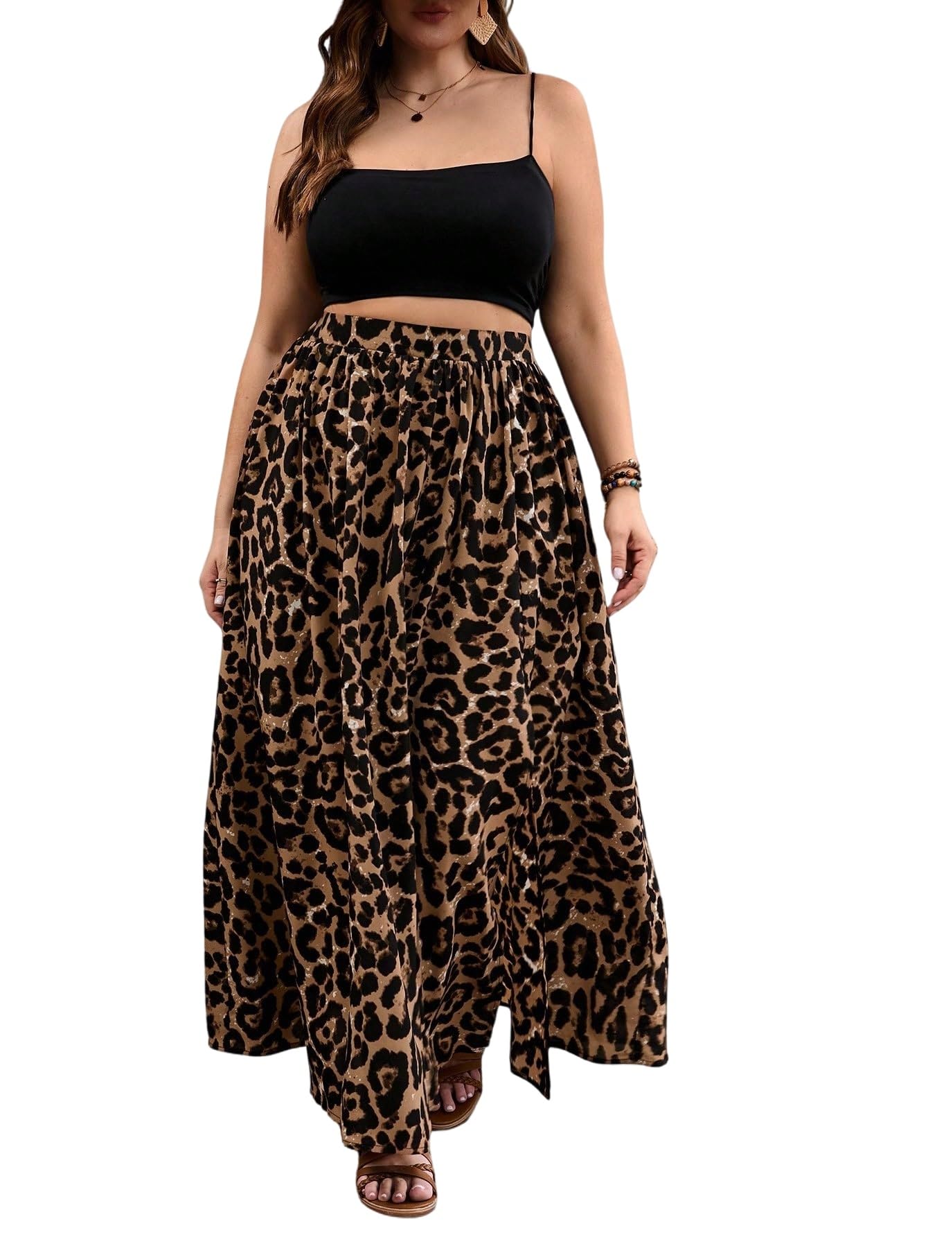 GORGLITTER Leo Gonna lunga da donna con fessura, maxi gonna con motivo leopardato, per il tempo libero, per l'autunno, per il festival