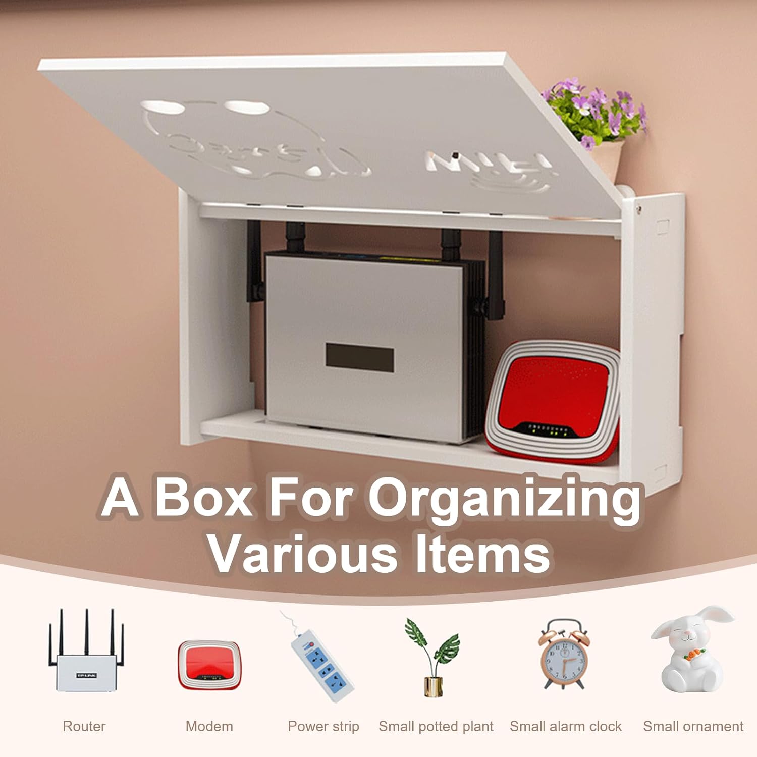 WiFiルーター収納ボックス 壁取り付けワイヤレスルーターシェルフ、ホワイトモデム&amp;ケーブルオーガナイザー、電源タップケーブ