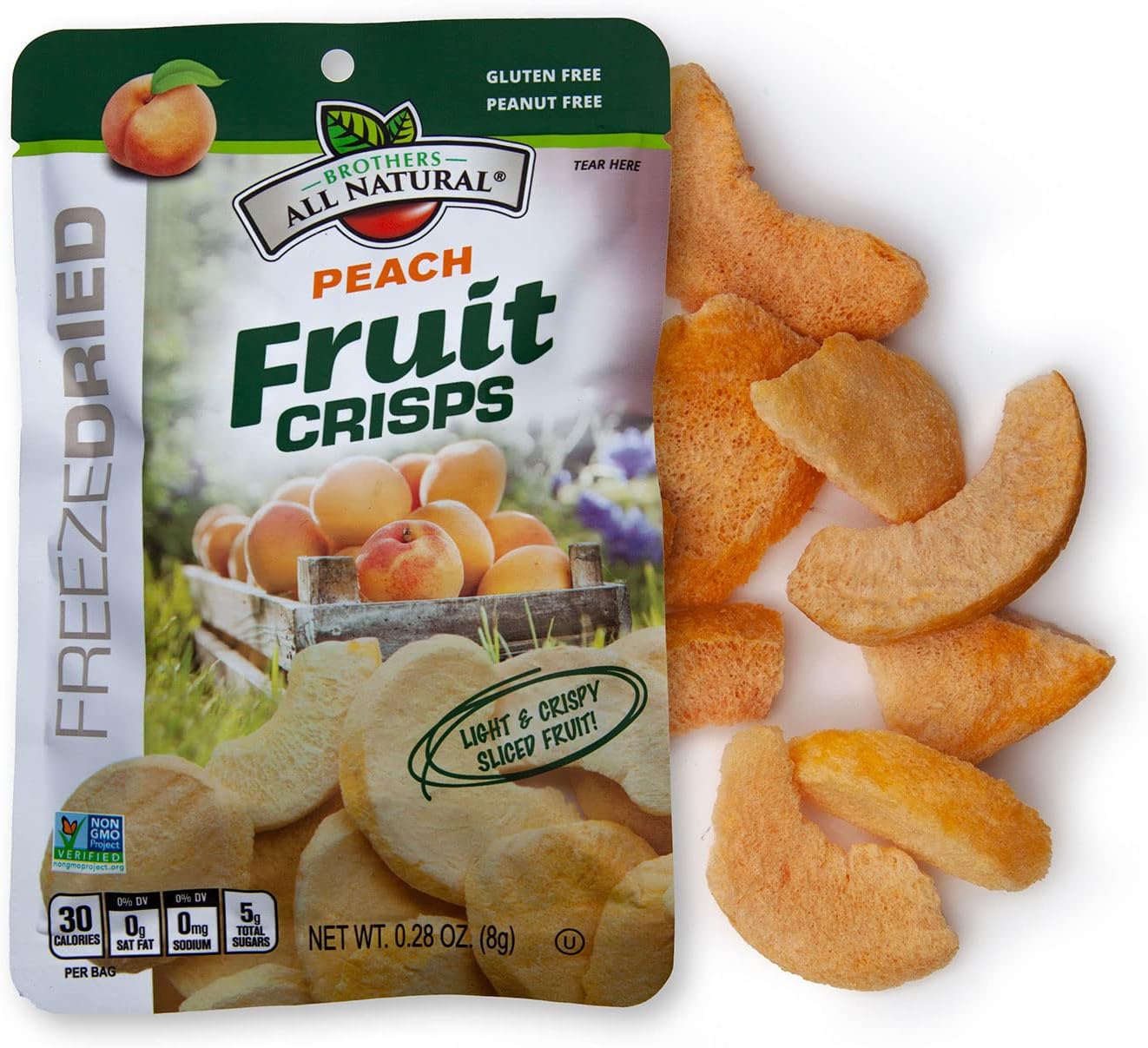 Brothers All Natural Freeze Dried Fruit Crisps, Peach, 0.28 Oz (Pack of 24), Made with 100% Fruit, Gluten Free, Soy Free, Vegan, Heathy Snack, Lunch Box Ready
