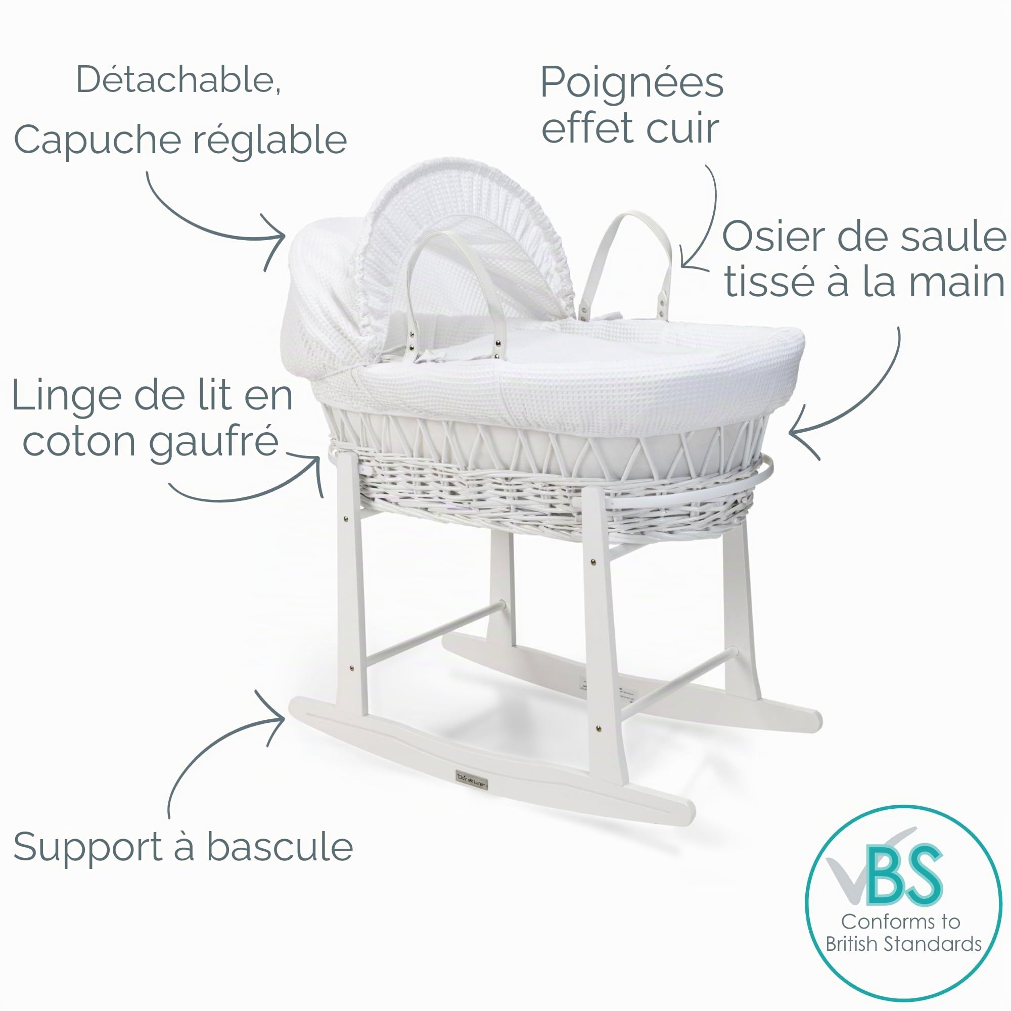 Clair de Lune Couffin en Osier Blanc gaufré avec Support à Bascule Standard Blanc – 68 x 30 cm (Blanc)