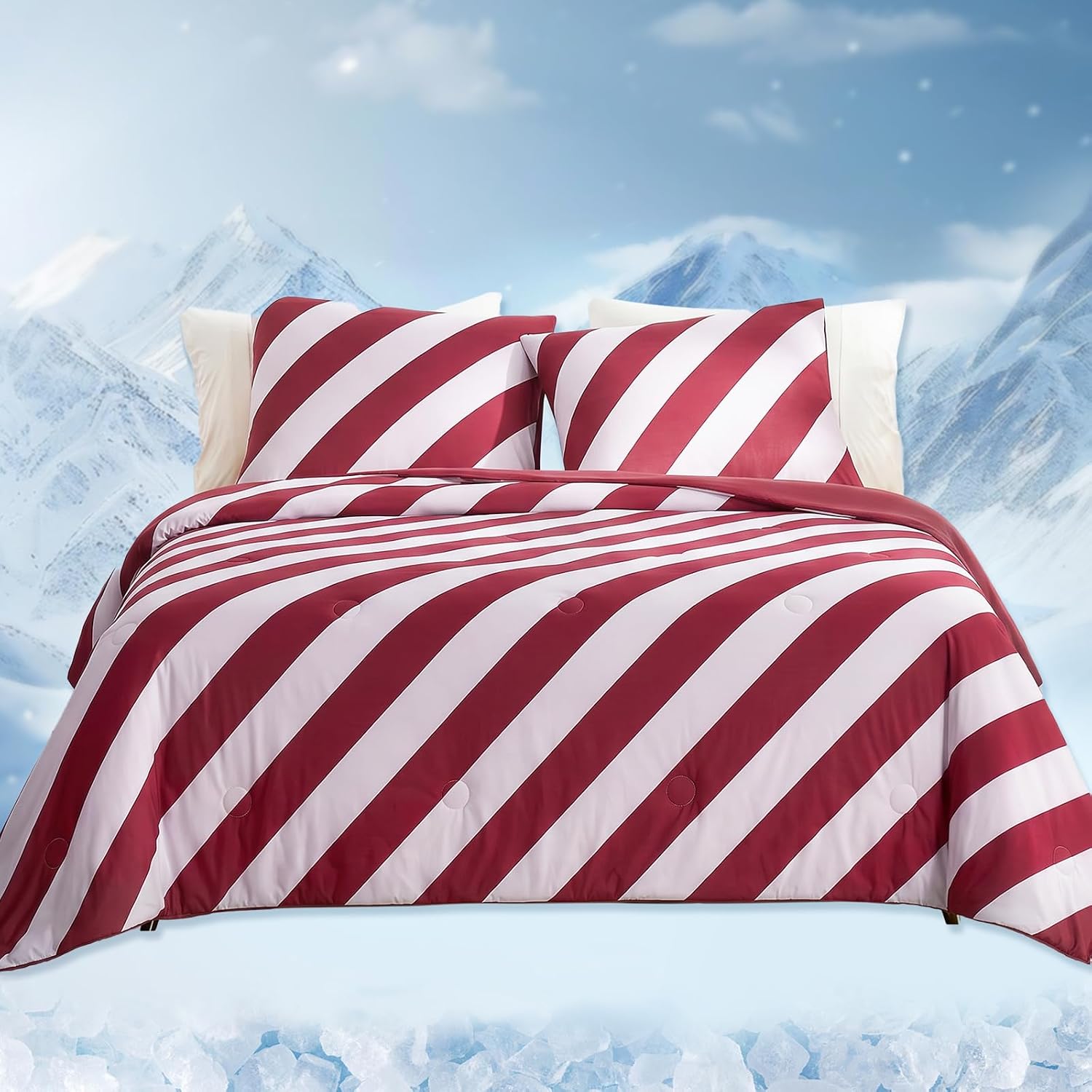 Snuggle Sac Mediterranean Stripe Cooling Comforter King Size Set, Q-Max >0.45 Cooling Blanket for Hot Sleepers & Night Sweats, Double-Sided Lightweight Breathable Summer Quilt, 106x90 Wine