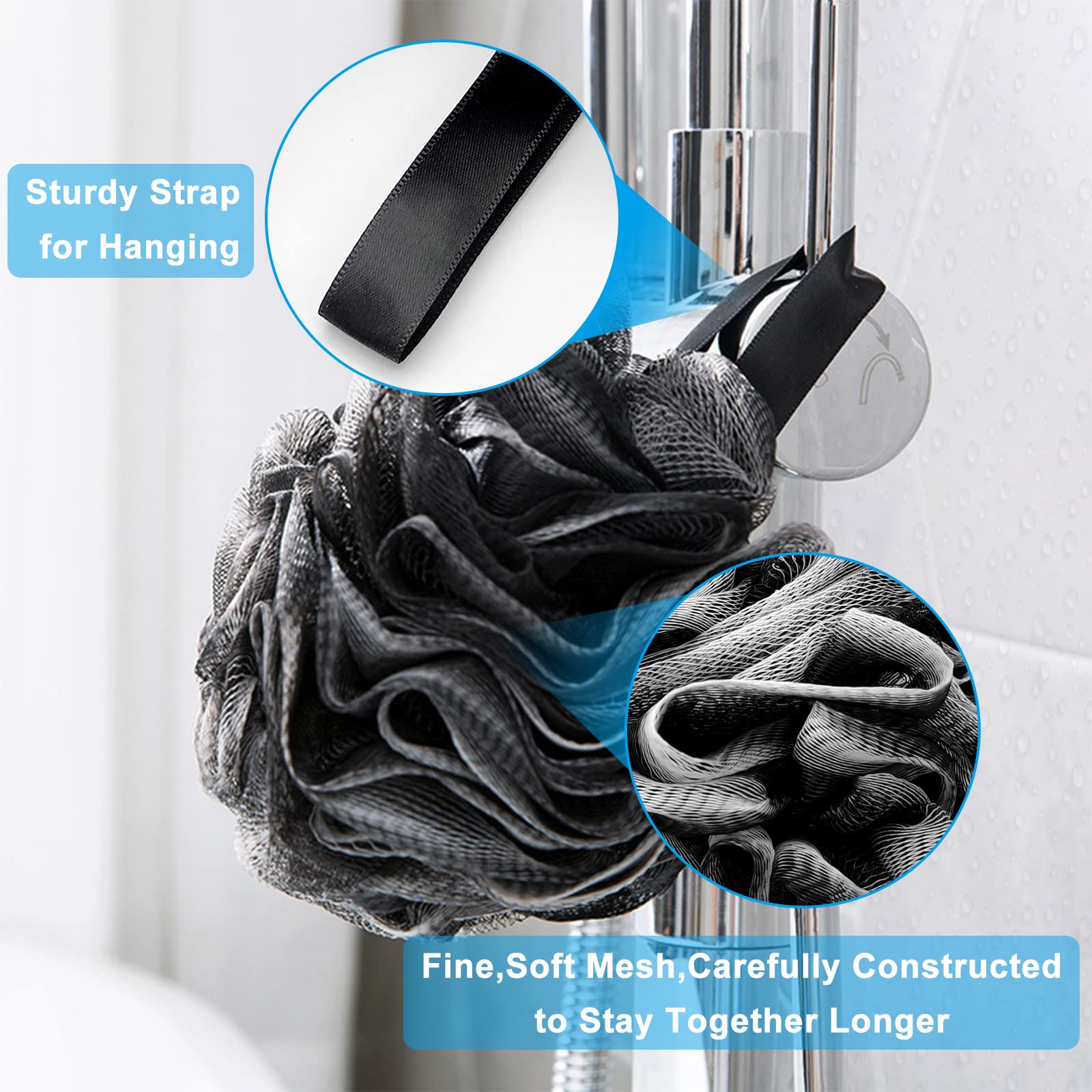 Luffa-Badewannen-Duschschwamm, Körperschrubber, 1 Rückenbürste mit langem Griff und 2 75 g XL-Peeling-Netz-Pouf-Duschstrauß, 3 Stück Duschschrubber für Damen und Herren