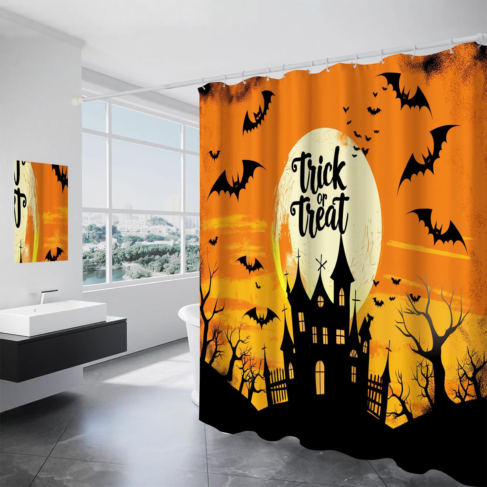 Duschvorhang Halloween Fledermausburg Cartoon-Illustrationen Duschvorhänge H240Xb200Cm | Anti-Schimmel Wasserdicht Polyester Stoff Waschbar Bad Vorhäng Für Badzimmer Mit Haken